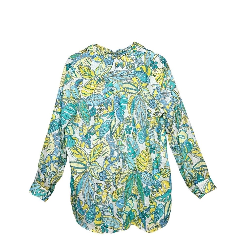 J. McLaughlin Britt Linen Tropical Leaf Button Shirt Blue Yellow XL Coastal‎ - Picture 3 of 11